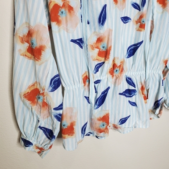 Tucker Blue V Neck Striped Floral Print Silk Tie Neck Party Blouse Top - Picture 6 of 11